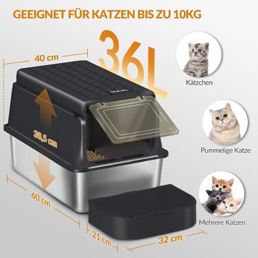 Лоток для котів із нержавіючої сталі XXL, великий туалет для котів 60x40x38,5 см, чорний
