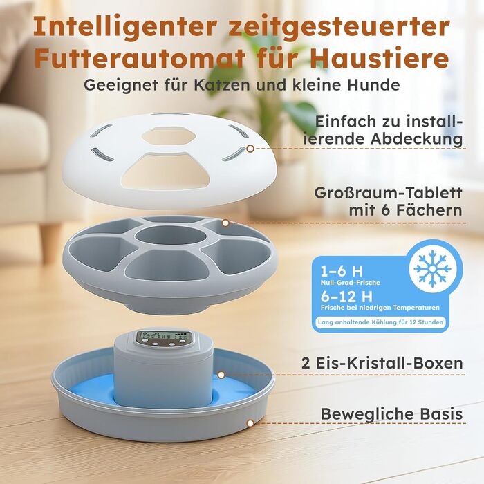 Автоматичний годівник для котів та собак з охолодженням, 6 порцій, акумуляторний таймер