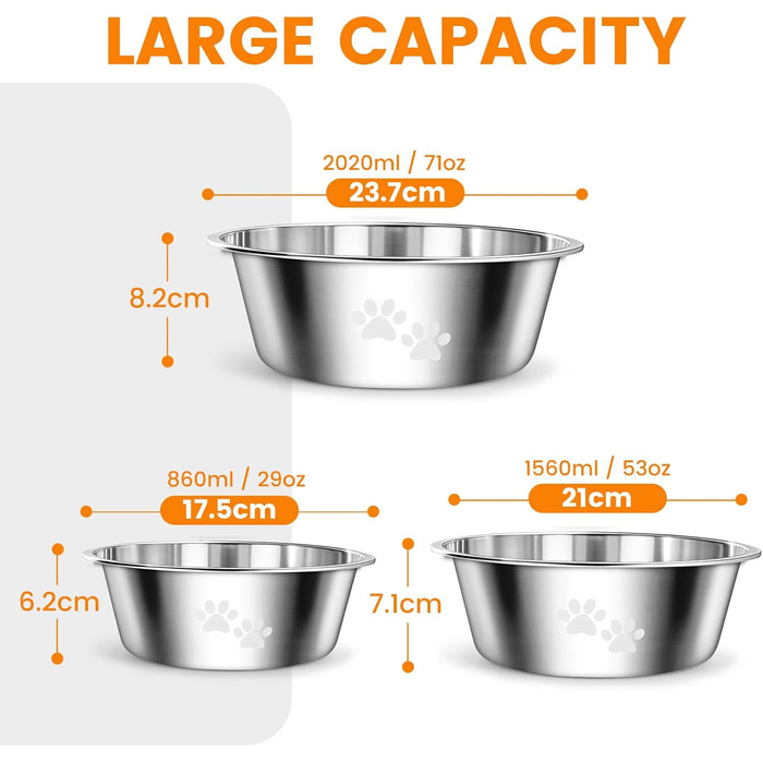 PETTOM Миски для собак з нержавіючої сталі, 2 шт. (3120 мл), миски для корму для собак великих, середніх та маленьких порід, миски для води для собак, антиковзкий силіконовий низ, розмір M - 21 см, сріблясті