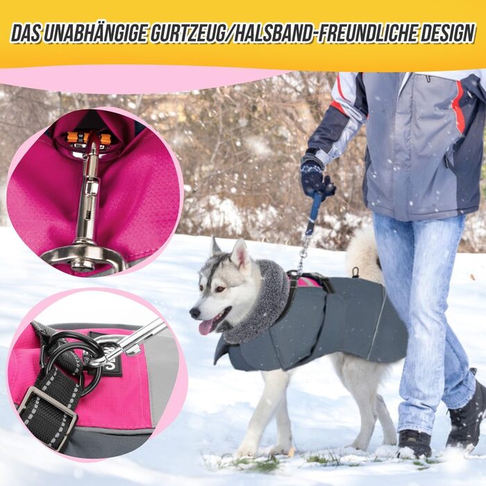 Зимовий собачий одяг SlowTon: водонепроникний, з флісовою підкладкою, з капюшоном-воротником та шнурком, для собак маленьких, середніх та великих порід, Fuchsie, XL