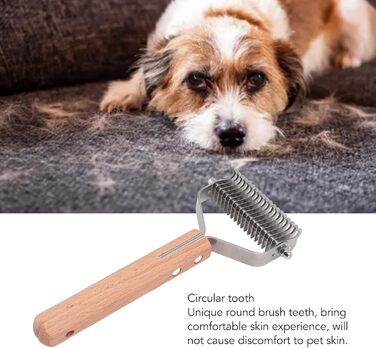 Гребінець для видалення підшерстка для тварин з нержавіючої сталі, двосторонній, з закругленими зубцями, зручна ручка з антиковзким дерев'яним покриттям, для всіх порід