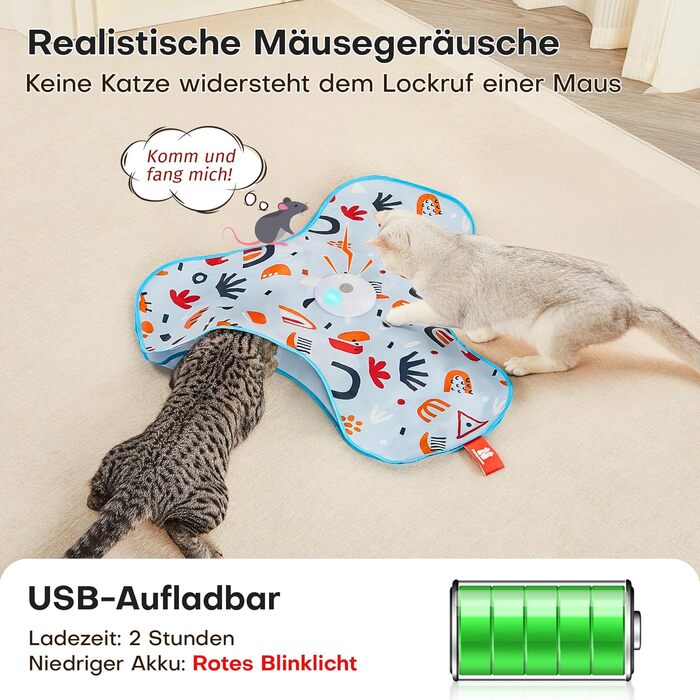 Інтерактивна іграшка для котів Potaroma з автоматичною подачею пір'я - перезаряджувана, з датчиком дотику та звуком миші, ідеальна для активних котів, з квітковим покриттям