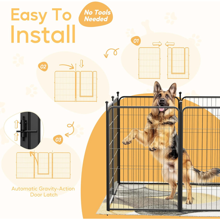 Металевий вольєр для собак, 61 см, 8 панелей, чорний. Ідеально для дому, вулиці, кемпінгу, саду, тераси.