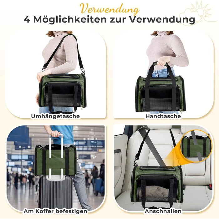 Транспортна сумка для кота/собаки до 5 кг, складана, з плечовим ременем, 50 x 34 x 34 см, зелена