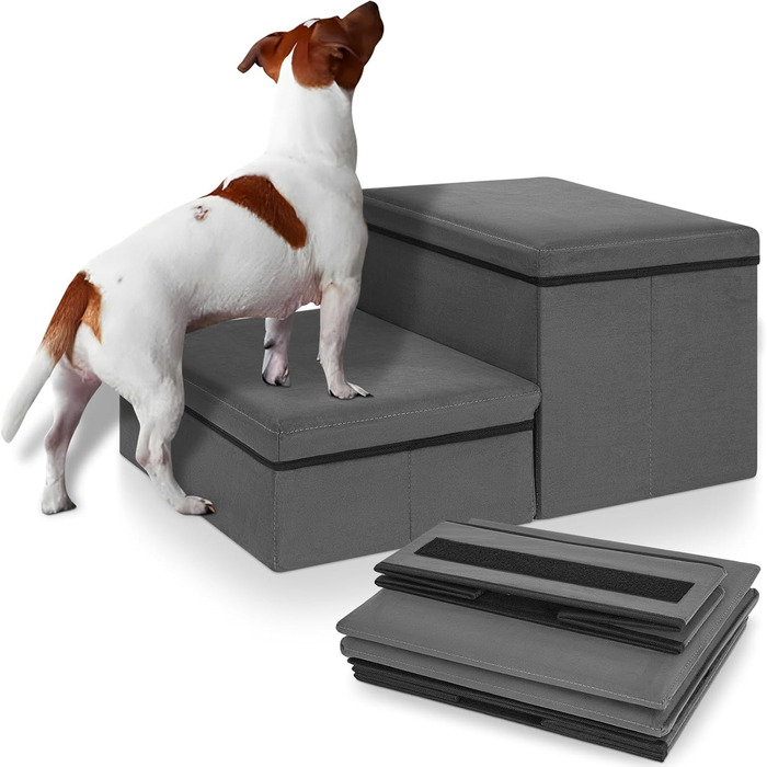 Сходинка для тварин OUUTMEE на 2 сходинки, складана, з місцем для зберігання, сірого кольору. Підходить для собак, котів, літніх тварин. Максимальне навантаження: 30 кг.