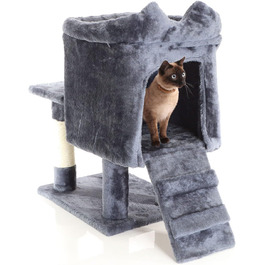 Котячий будиночок та кігтеточка Fudajo темно-сірого кольору 60 см з платформою, лежаком та ігровим м'ячиком, кігтеточка з драбиною, меблі для котів з сизалю