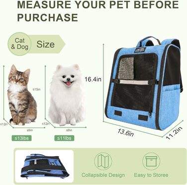 Рюкзак-переноска для собак та котів/цуценят, до 5,9 кг, дихаюча сітка, кишені, безпека, для подорожей (Блакитний)