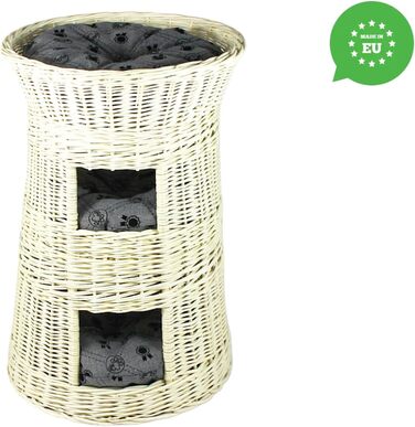 Кігтеточка-ліжко для котів: кругла хатинка, плетений будиночок з лози, триярусне ліжко для собак та котів, колір – білий, з сірим подушечком