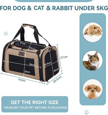 Транспортна переноска для котів та маленьких собак Petsfit, легка сумка-переноска для собак та котів, підходить для подорожей літаком, з захисним ременем та розкладною матрацом, S, Khaki