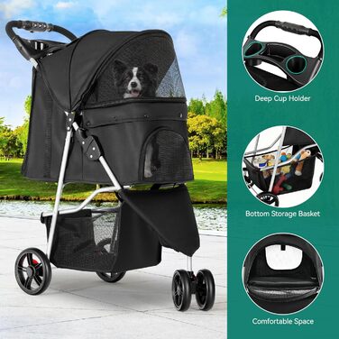 Візок для собак та котів YITAHOME 15 кг, чорний, з трьома колесами, сітчастим вікном та гальмами