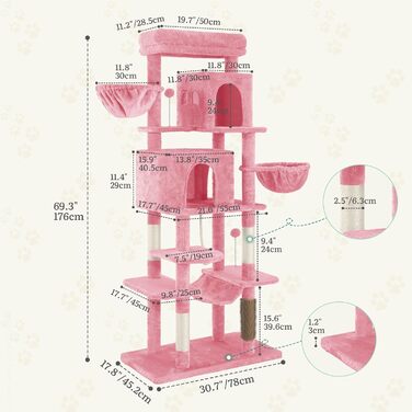 Котячий комплекс YITAHOME для великих котів з подряпальниками, будиночком та платформами, 157 см, рожевий