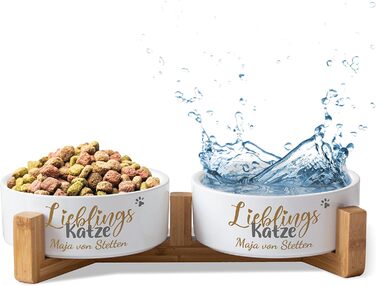 Котловий набір керамічний з іменем 'Улюблена Кішка' | Набір мисок з/без підставки | Подвійний набір для їжі та води | Миска для великих та маленьких котів, станція для годування (2x 500 мл, з підставкою)