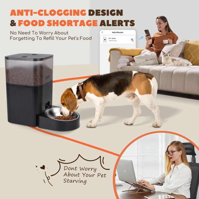 Автоматичний годівниця для котів та собак Nobleza з Wi-Fi, 4.2L, таймер, 10S запис голосу, 1-10 порцій, миска з нержавіючої сталі та пакетик силікагелю, чорний