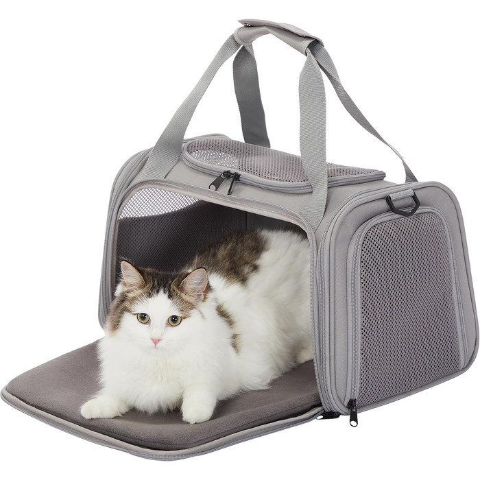 Транспортна сумка Petsfit для котів і малих собак, легка авіаційна переноска з захисним ременем та розширюваним килимком, сіра