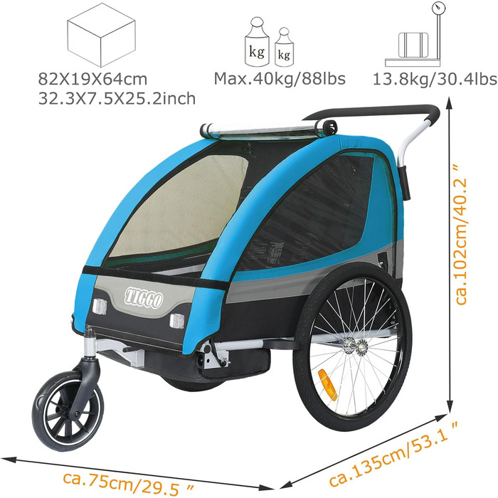 Дитячий причіп Tiggo 2 в 1: велосипедний причіп та біговий причіп для дітей, блакитний