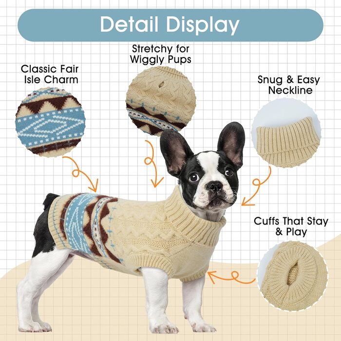 Вогняний ролкроген-светр для зими, м'який візерунок Fair-Isle, одяг для домашніх тварин без бокових ніжок, для повідка – підходить для собак маленьких, середніх та великих порід, розмір XXL (XX-Large, світло-бежевий)