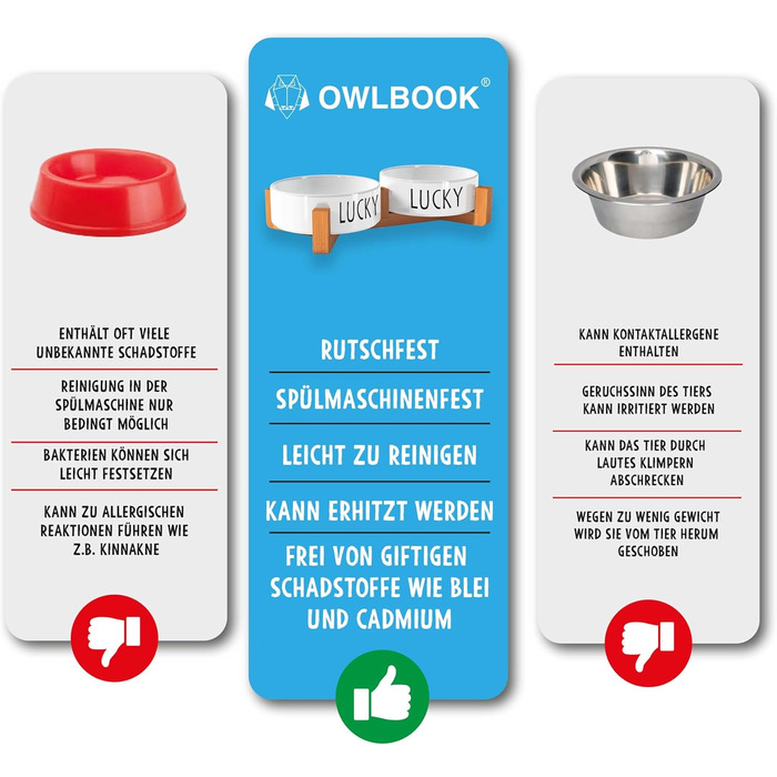 Персоналізована годівниця для собак OWLBOOK з іменем - подвійний набір з кераміки та бамбуку, 300 мл