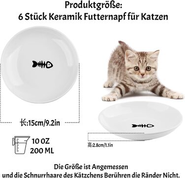 Набір мисок для котів CROUTE (6 шт.) - керамічні, плоскі, анти-високочування, білий (візерунок 'Рибка')