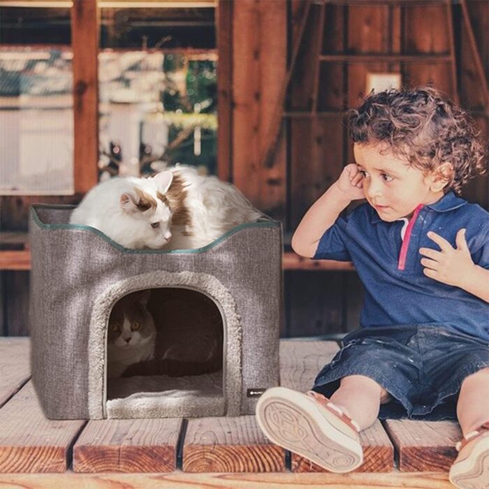 MIU PET Великий складаний 2-в-1 будинок для котів для дому, оновлений котячий будинок і лежак, 2 двосторонні подушки та літній матрац, для всіх сезонів, укриття для котів із кігтеточкою