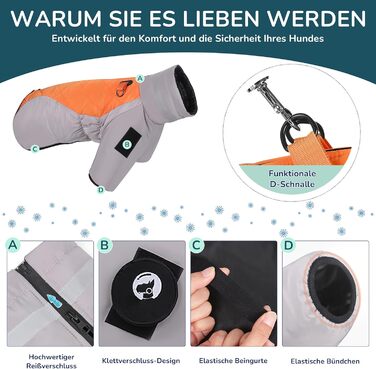 Водонепроникний дощовик для собак середніх та великих порід ALLSOPETS, тепла зимова куртка з світловідбиваючими смугами, вбудованим повідком, захист від вітру (Вогняно-помаранчевий, 5XL)