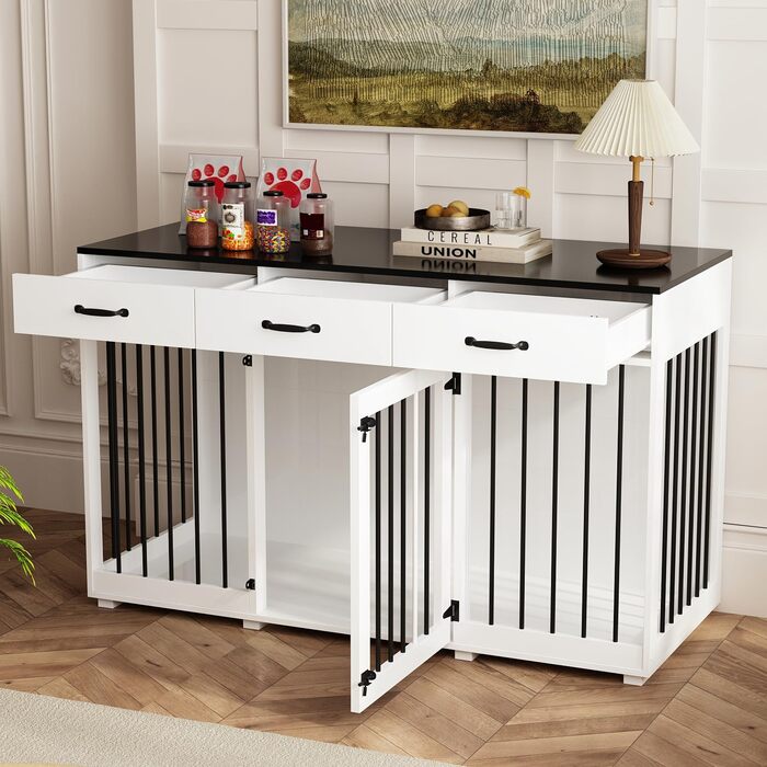 Клітка для собак з 3 ящиками, 137x57x85 см, клітка-будка для собак середніх порід, переноска для собак, білий та чорний колір, для дому