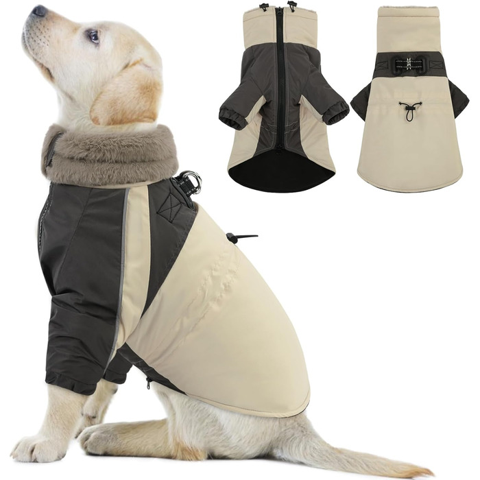 Зимовий одяг для собак, водонепроникний та вітронепроникний з отвором для повідка, для малих, середніх та великих собак, світловідбиваюча куртка з захистом живота, бежевий