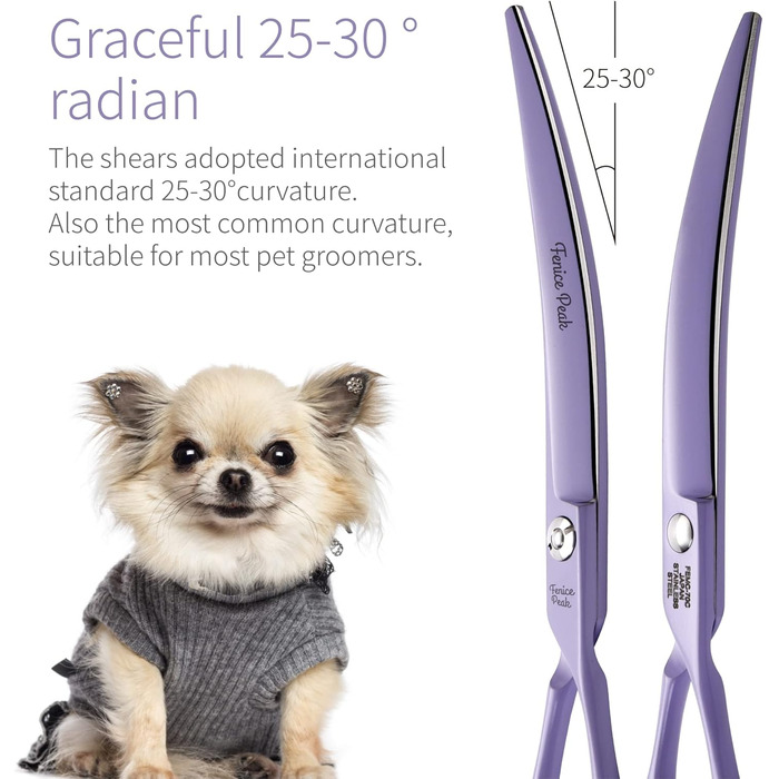 Феніче Пік: Вигнуті ножиці для грумінгу собак з фіолетовим покриттям, 440C сталь, професійні ножиці, гострі та довговічні, зручний ергономічний дизайн