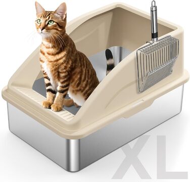 FURTIME туалет для котів із нержавіючої сталі з кришкою, XL, велика металева котяча туалетна з високими бортами, антипригарне покриття, легке очищення, захист від протікання сечі