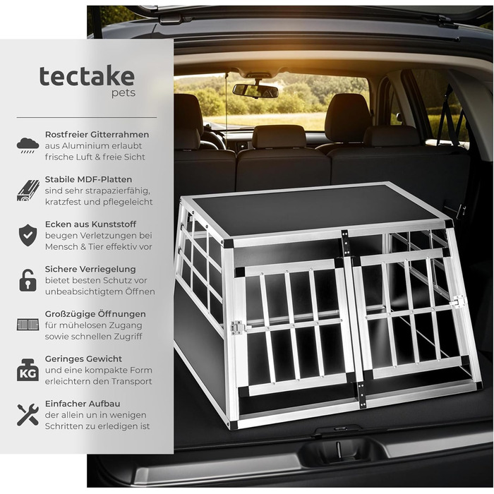 Транспортна переноска для собак tectake® - подвійна, алюмінієва, 89x69x50 см. Підходить для авто та дому.