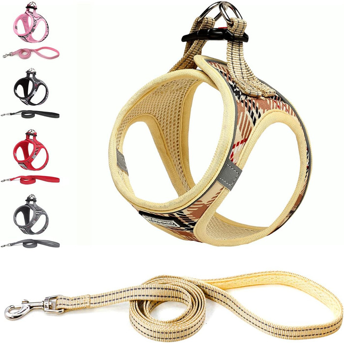 Нашийник для собак маленьких порід з повідком, анти-тягнучий, світловідбиваючий, дихаючий, нагрудник для цуценят (Бежевий, S, Обхват грудей: 29-33 см)