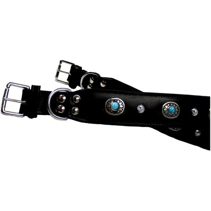 Нашийник для собак MICHUR Alonzo з натуральної шкіри, чорний, широкий, з синіми каменями та заклепками, різні розміри, обхват шиї 33-38 см