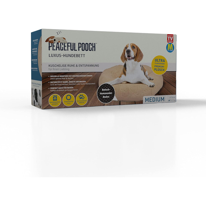 Ліжко для собак Mediashop Peaceful Pooch M, 76 см, бежеве, плюшевий донат, знімний та праний чохол, водо- та брудовідштовхувальне, ортопедичне, з антиковзкими ніжками