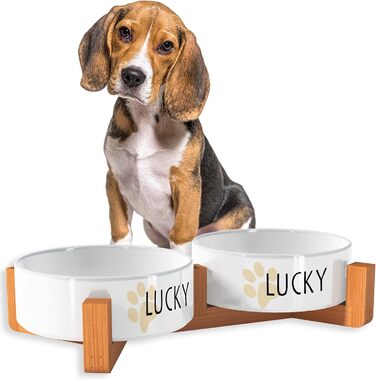 Персоналізована миска для собак OWLBOOK з ім'ям: миска для корму та води з кераміки та бамбука, 300 мл, з лапками