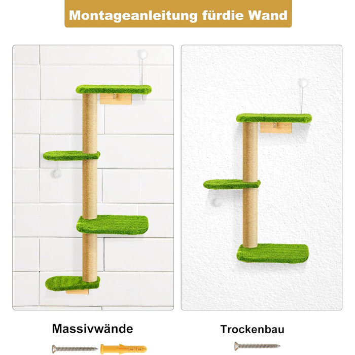 Кліматична стіна для котів Kratzbaum 125 см: 4 яруси, натуральне дерево, міцний фетр, зелений колір