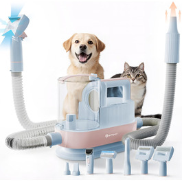 Набір для догляду за тваринами 7-в-1: Шерстьомашина, пилосос для шерсті та фен для собак та котів. Потужність 11000Pa, об'єм контейнера 2.5L, 3 режими потужності та температури. Тиха робота. Колір: блакитний.