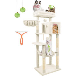 Дерев'яна кігтеточка для котів LEEJARD XXL, 148 см, з платформами, будиночком, гамаком, іграшками та захистом від перекидання, бежева
