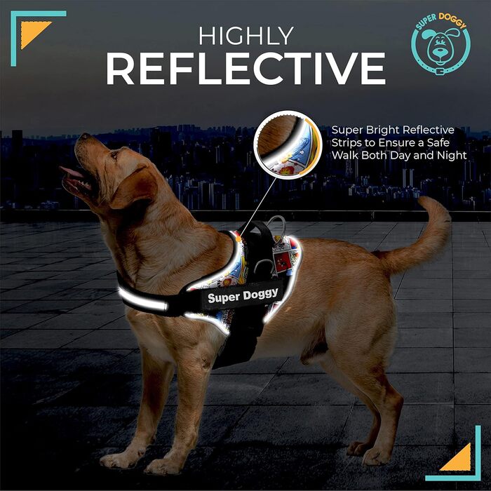 SUPER DOGGY Персоналізована шлейка для собак, світловідбивна, безпечна, з 2 нашивками імені, для малих, середніх і великих порід, розмір XL (30-45 кг), дизайн Comic