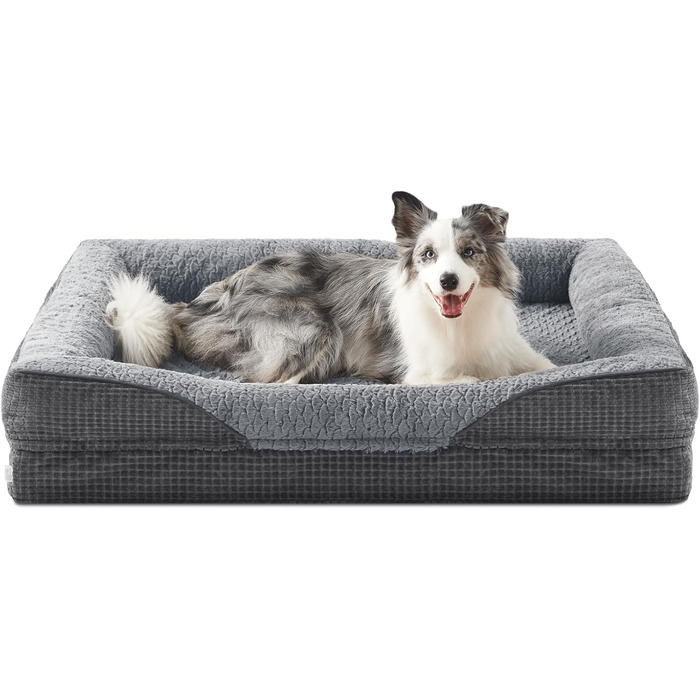 Ортопедичне ліжко для собак середніх та великих порід FURTIME, 89x64x18 см, сірий колір. Знімний та миючий кошик для собак з Memory Foam, з високим бортиком та антиковзким покриттям.