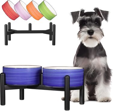 Керамічна годівниця для собак на підставці з нержавіючої сталі - подвійна годівниця для маленьких та середніх собак, антиковзаюча, для корму та води, 350г/660мл, 15см, блакитна