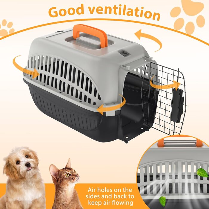 Транспортна переноска для собак та котів Aufun, 48x32x32 см, пластик з металевим ґратом, сіра+чорна