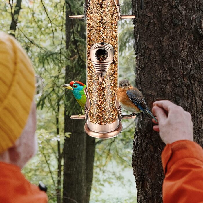 Металева годівниця для птахів з підвісним тросом, 6 відділень, для насіння, антична мідь