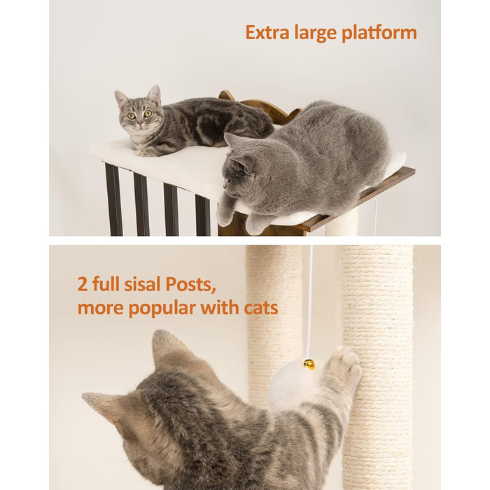 Сучасний котячий комплекс FourFurPets, 111 см, 3 рівні, 2 стовпи з сизалю, 3 великі платформи, вінтажно-коричневий