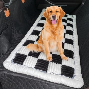 Незнімний чохол на автокрісло для собак, ворсиста килимок для тварин на заднє сидіння, водонепроникний та стійкий до подряпин килимок для подорожей, м'який захист для автомобілів, вантажівок та позашляховиків (63 x 138 см), в клітинку чорний (60*130 см)