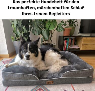 Ортопедичне ліжко для собак середніх та великих порід CORTESPETS® - диван для собак, знімний та пральний чохол, високі бортики, м'яке ліжко з Memory Foam, вологостійке, сірого кольору, 90 x 64 x 17 см