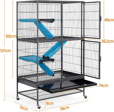 Yaheetech клітка для дрібних тварин, металевий вольєр для гризунів, кроликів, з 4 колесами, 2 знімні платформи та сходи, білий