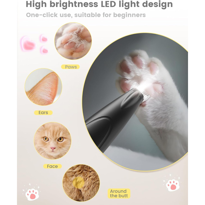 PAPMINI Безшумна машинка для стрижки котів з LED дисплеєм, Type-C, акумулятор, машинка для стрижки котів, бездротова кусачка для кігтів, професійна машинка для стрижки лап, вух, обличчя, спини, чорна