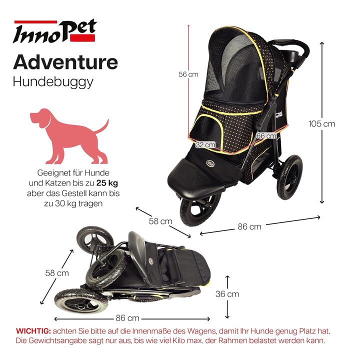 Візок для собак Innopet Adventure: прогулянка з вашим улюбленцем. Підходить для собак, котів та дітей. Кольори: золото, чорний