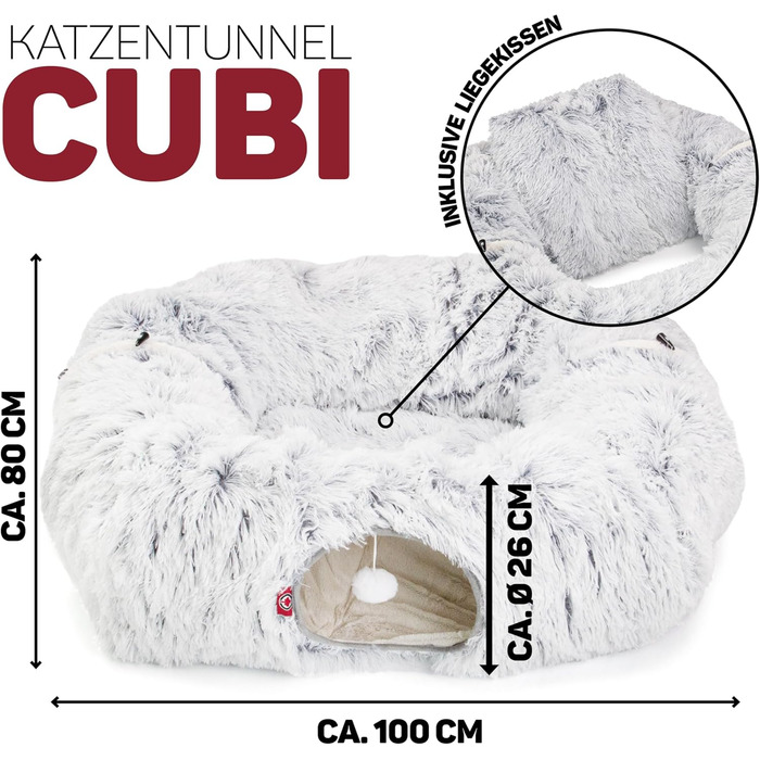 Канадський кіт | Преміум тунель для котів CUBI, XXL тунель з місцем для сну, з м'яким лежаком, для великих котів, 100 x 80 x 26 см (Сірий)
