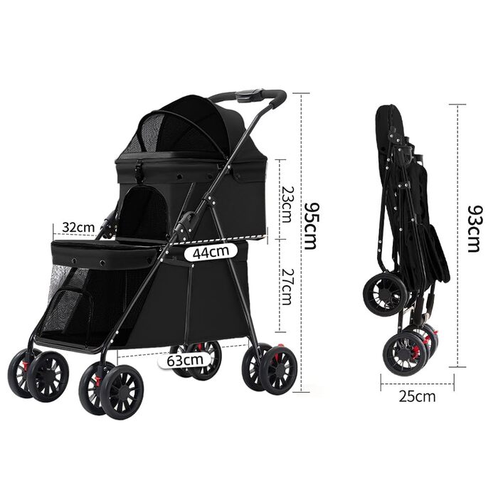 Складаний візок для собак на 2 ярусах, переноска для домашніх тварин до 24 кг, візок для собак з сітковими віконцями, ремінь безпеки, 4 колеса, складаний візок для котів та маленьких собак (чорний)