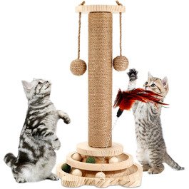 Інтерактивна іграшка для котів з дерева Roller 4 в 1: обертовий столик, когтеточка, кішка з кульками. Підходить для котів середніх та маленьких порід